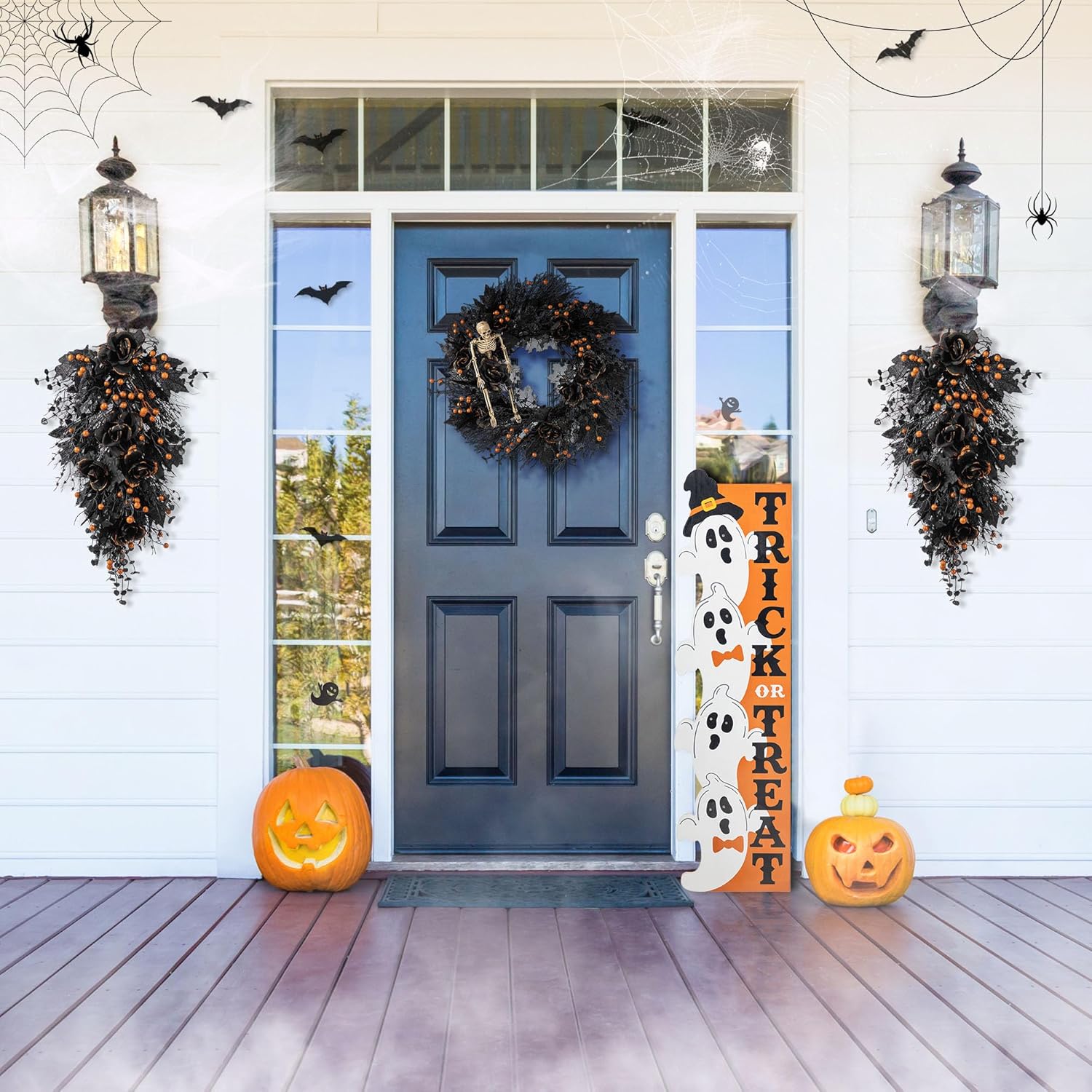 Glitzhome 24 Inch Halloween Wreath Black Rose Skeleton