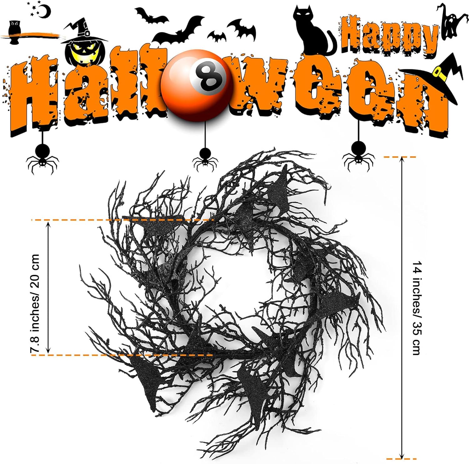 14 Inches Black Glitter Crow Halloween Wreath