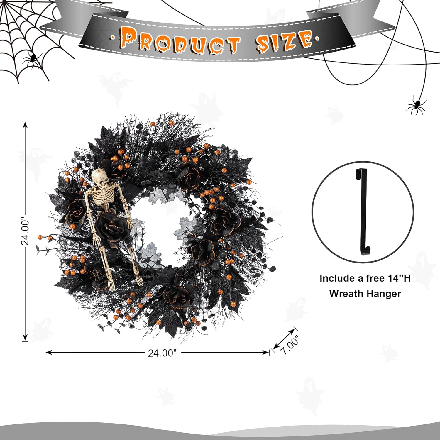 Glitzhome 24 Inch Halloween Wreath Black Rose Skeleton