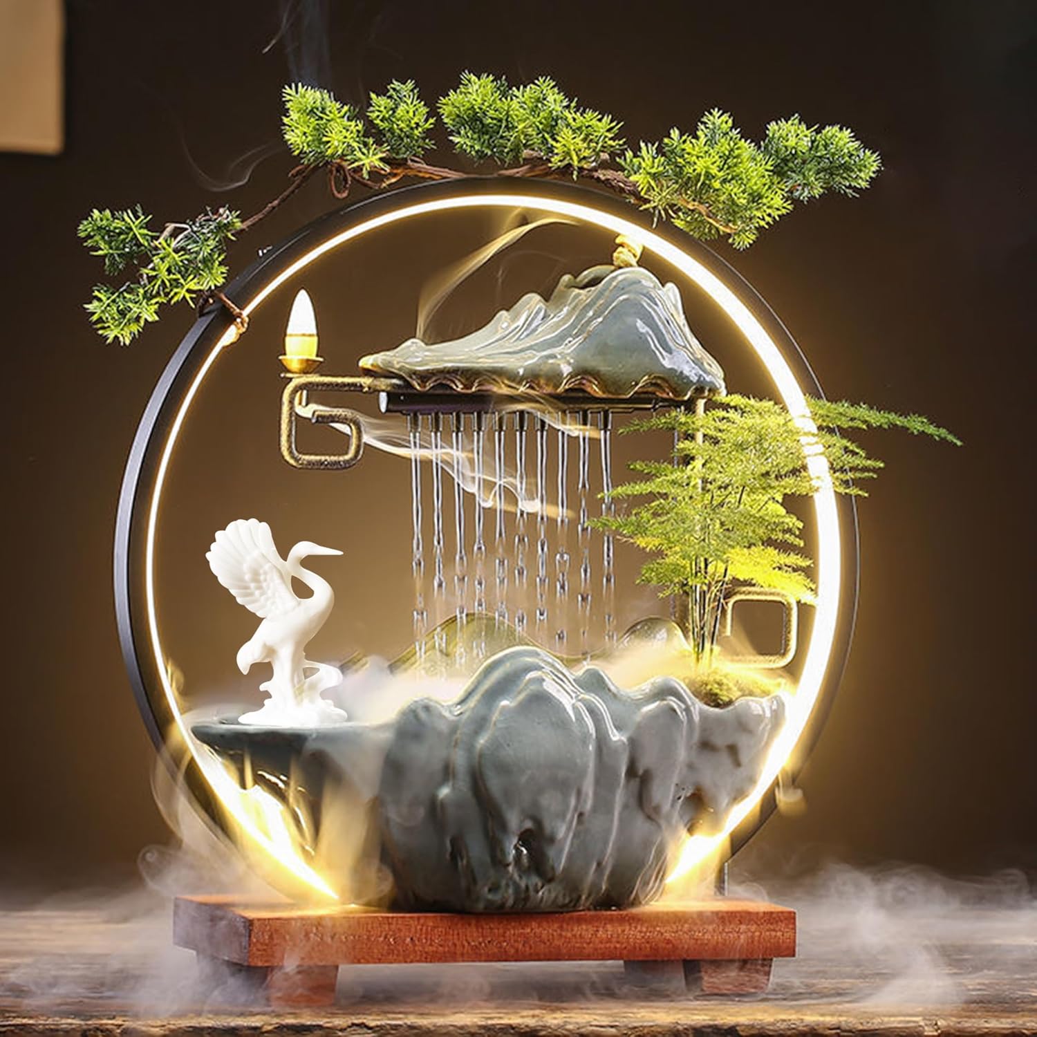 Peacock Horse Crane Animal Water Fountain with Lights and Mist