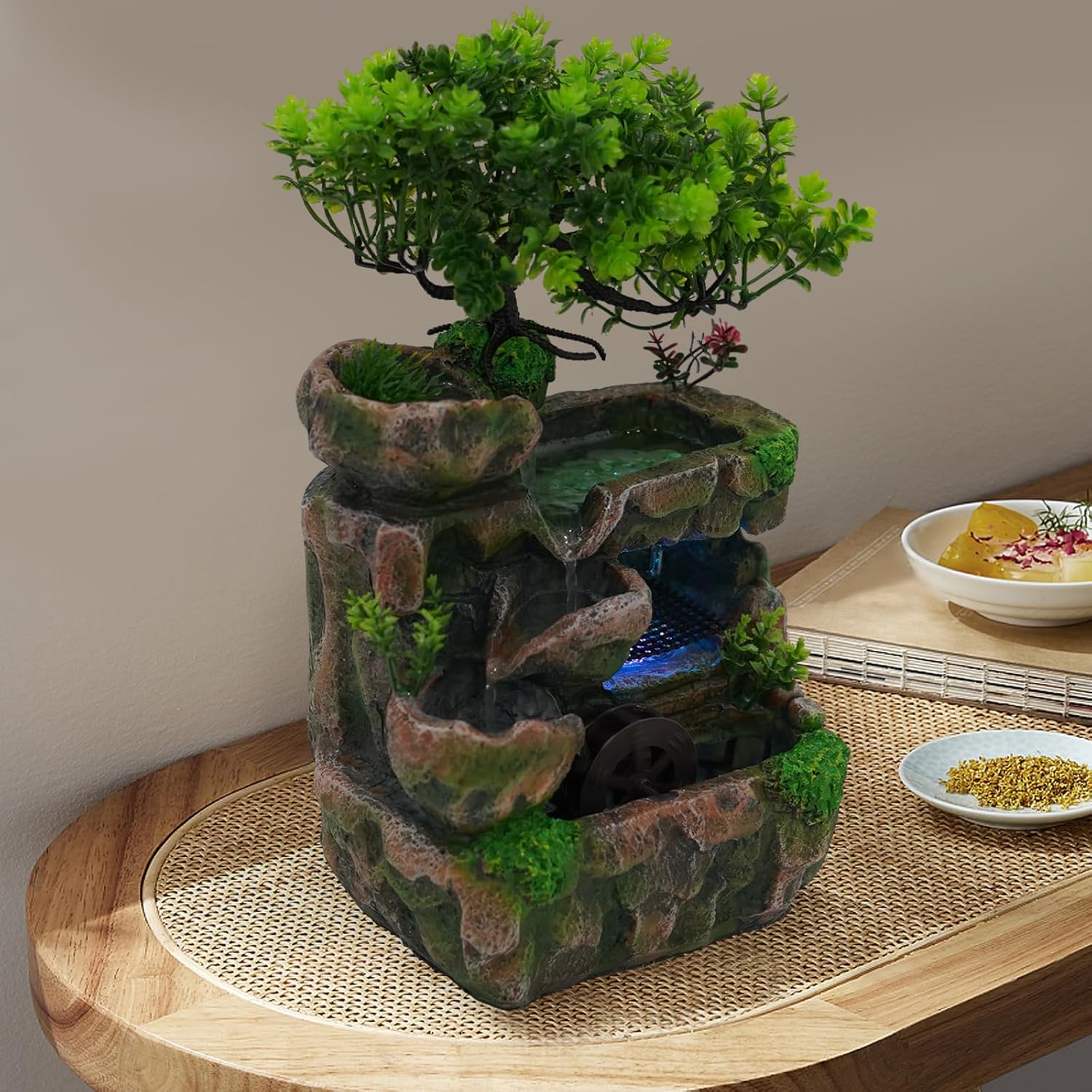 Tabletop Water Fountain with LED Light and Artificial Tree