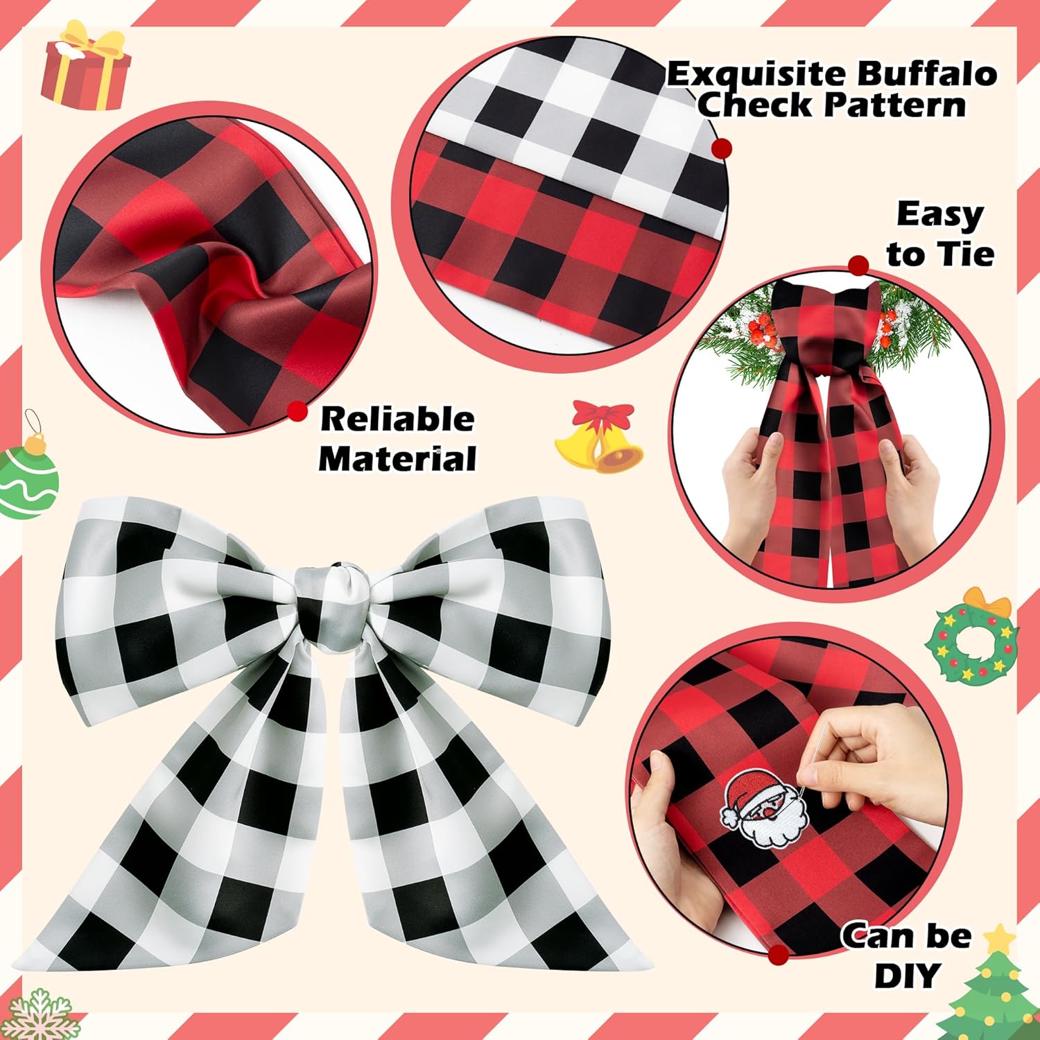 WATINC Christmas Wreath Sash - 2pcs Buffalo Check DIY Decor