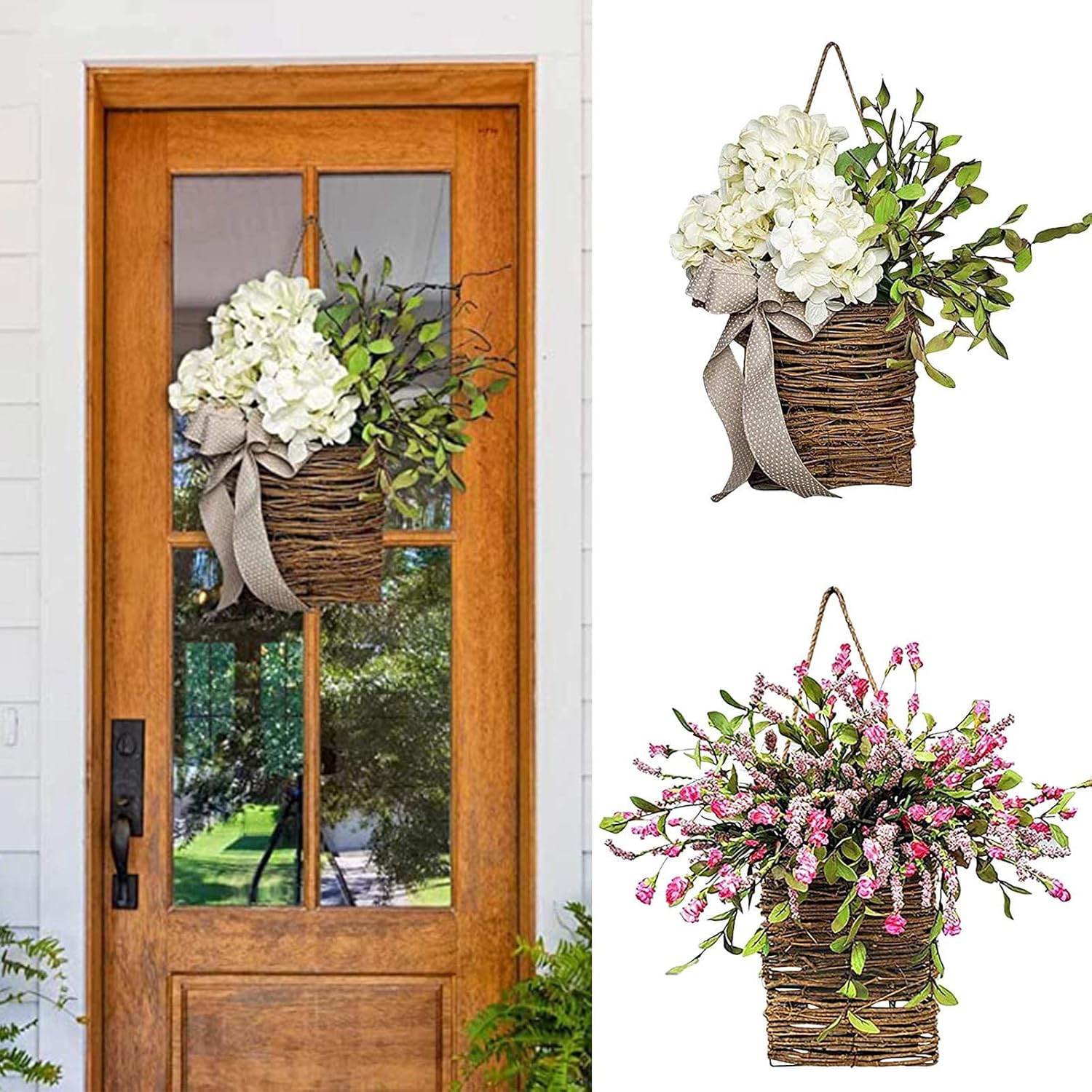 Cream Hydrangea Door Wreath - Pink Artificial Basket Garland