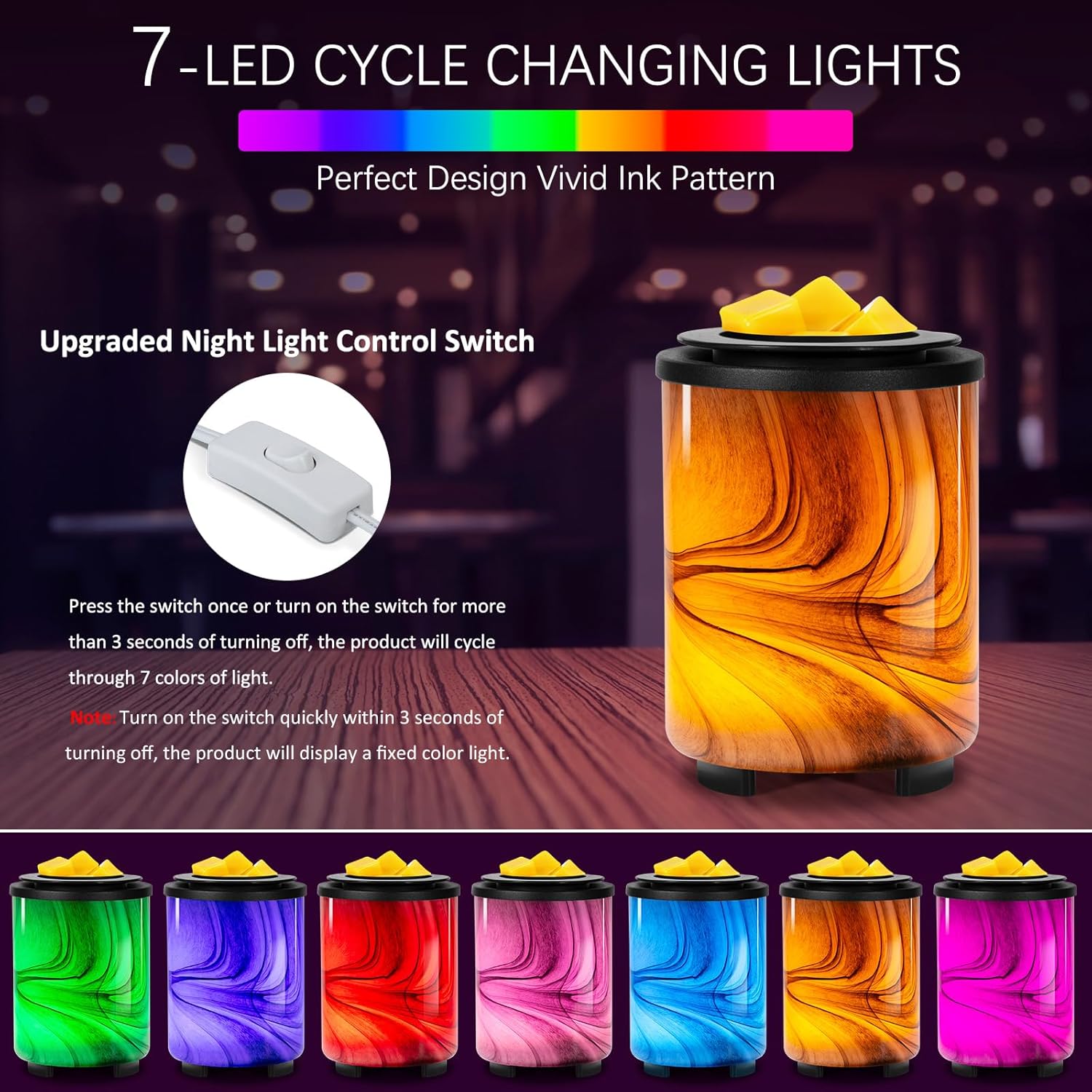 Electric Wax Melt Warmer with 7-Color LED Light and Art-Glass Design