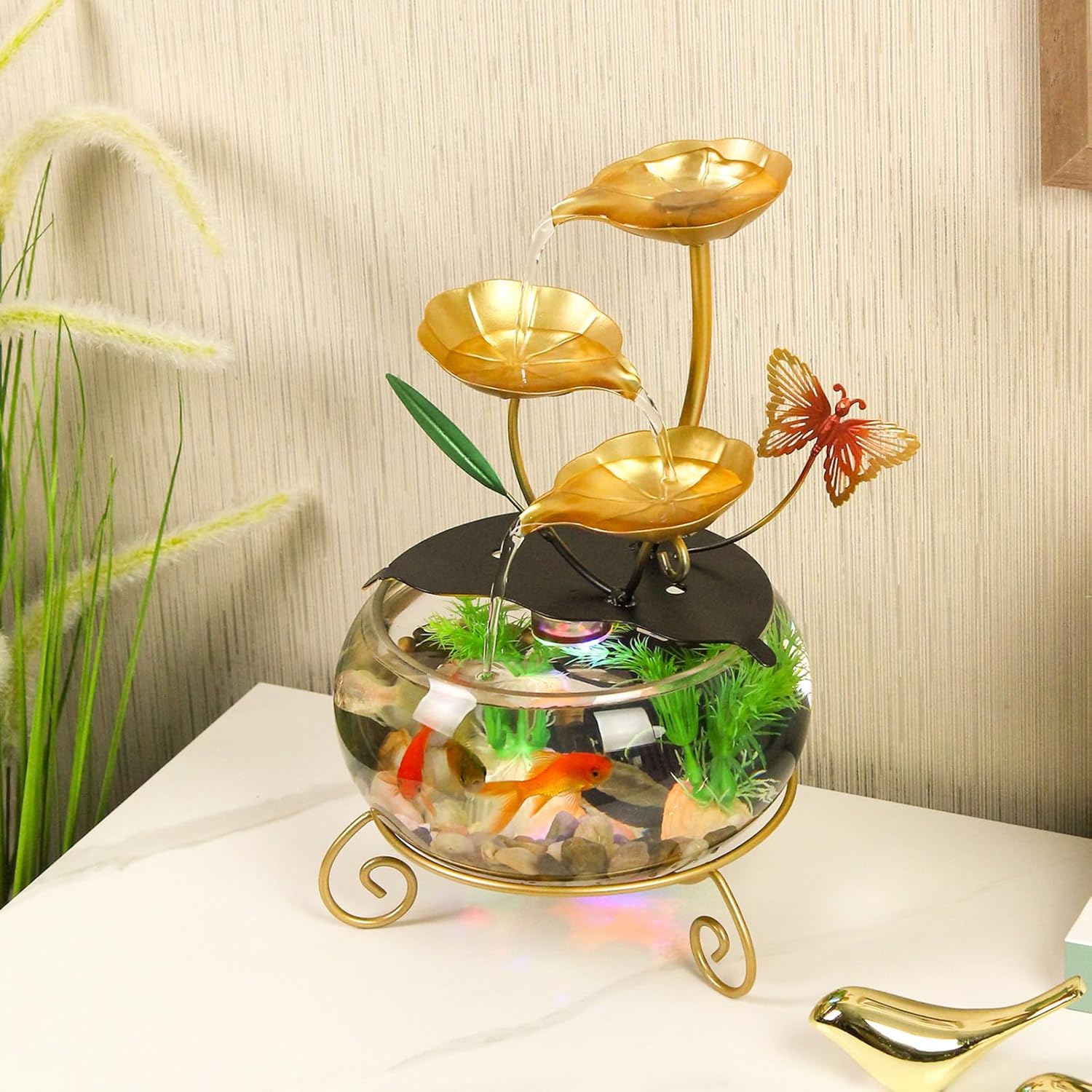 Modern Gold Indoor Water Fountain with Butterfly and Aquatic Plants 1