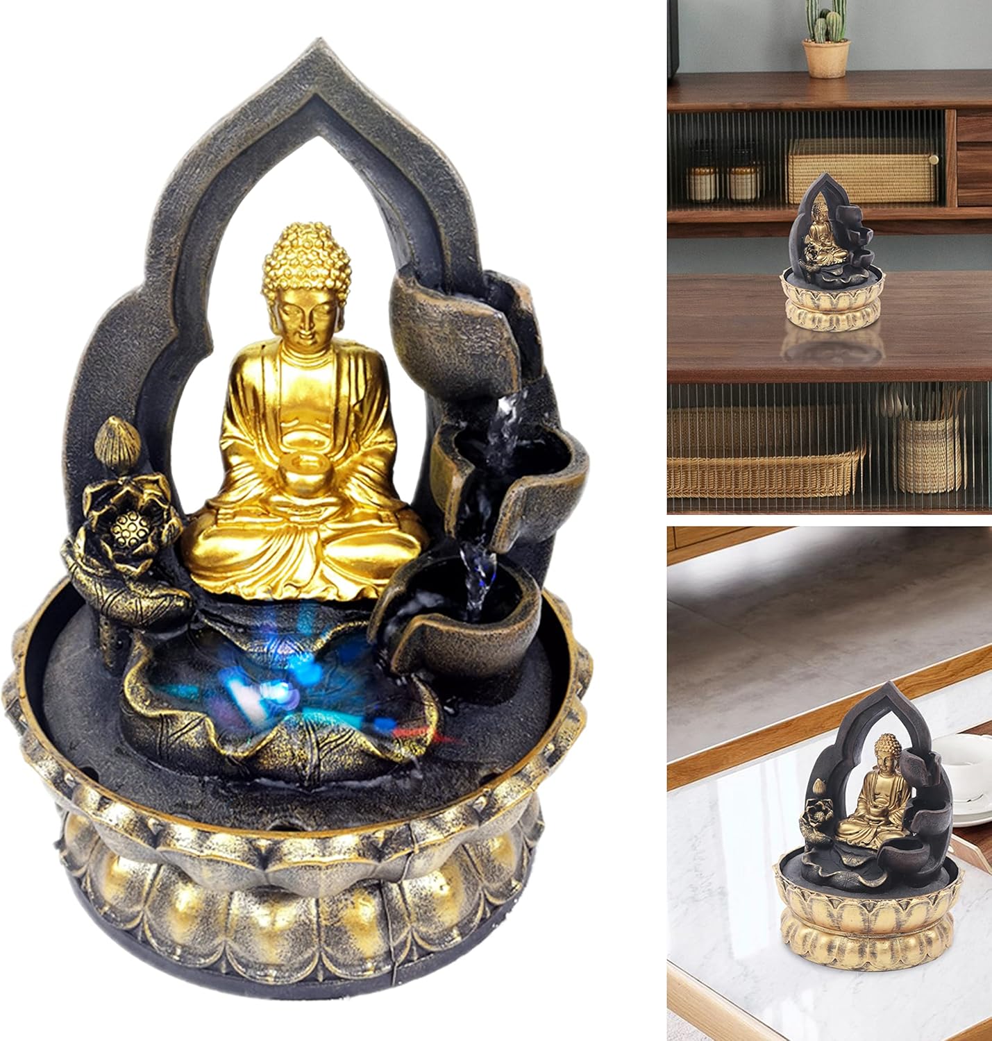 11 Inch Gold Buddha Tabletop Fountain with LED Light