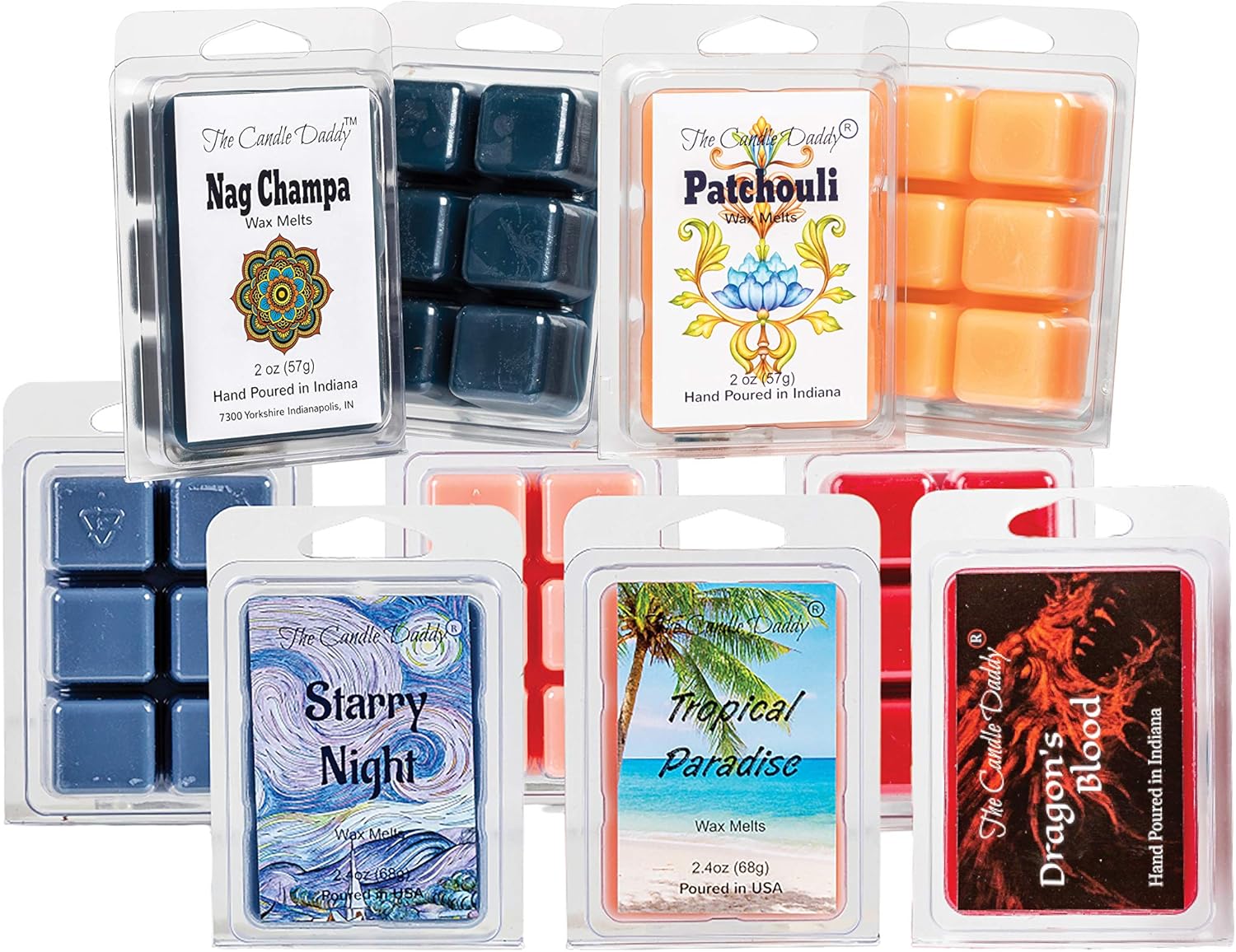Free Spirit Bundle 5 Scented Wax Melt Cubes - Nag Champa Patchouli Starry Night Tropical Paradise Dragons Blood