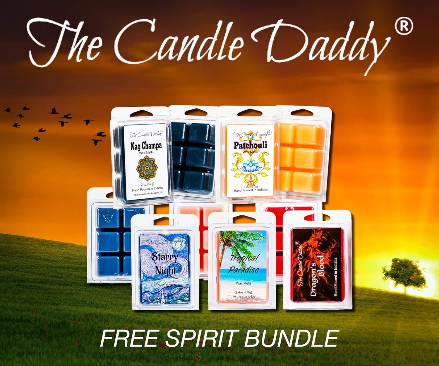 Free Spirit Bundle 5 Scented Wax Melt Cubes - Nag Champa Patchouli Starry Night Tropical Paradise Dragons Blood