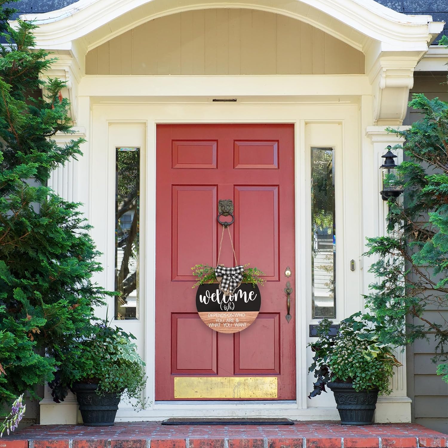 Front Door Decorations Welcome Wreaths with Green Plants and Plaid Ribbons