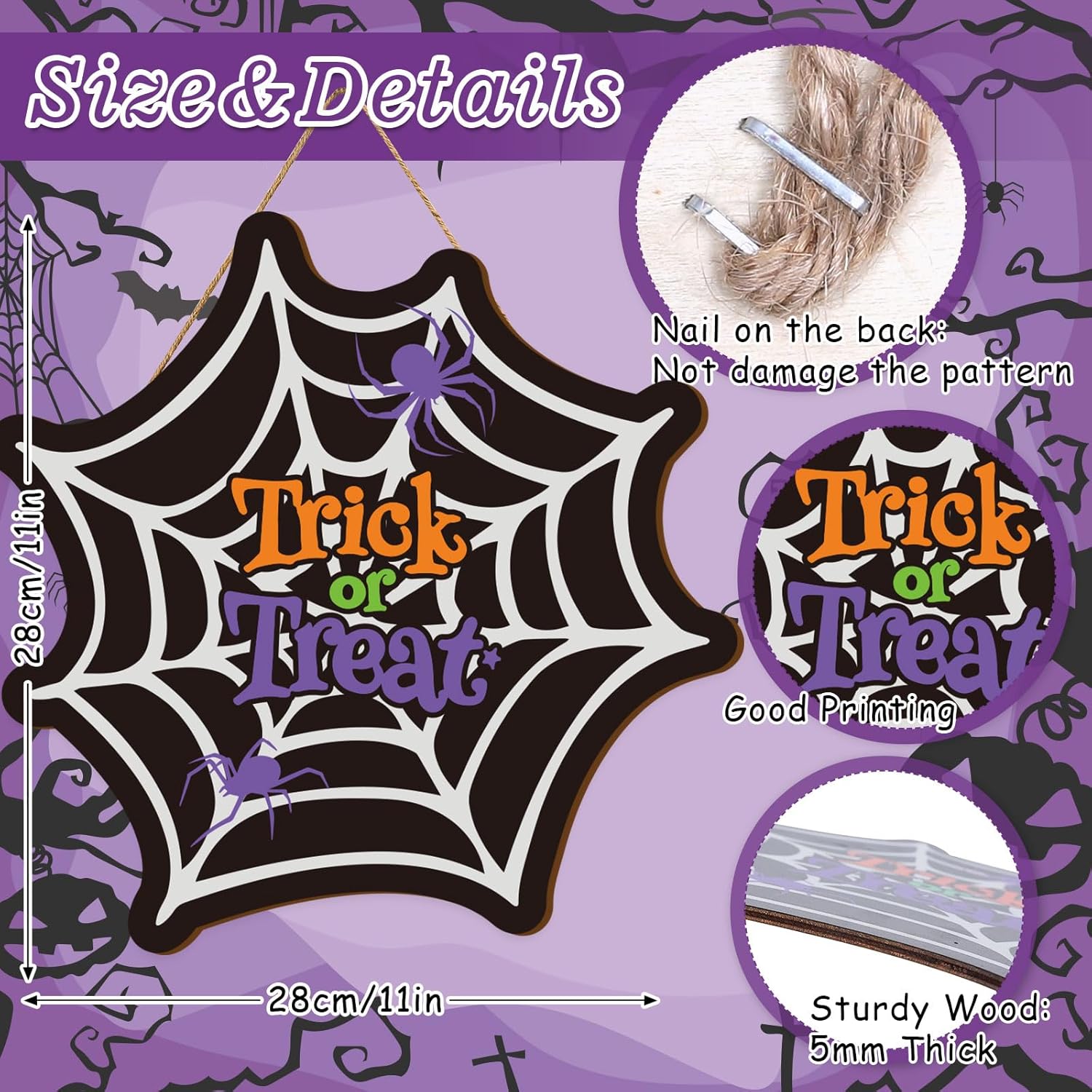 Whaline Halloween Spider Web Door Sign Wooden Hanging Welcome Wreath