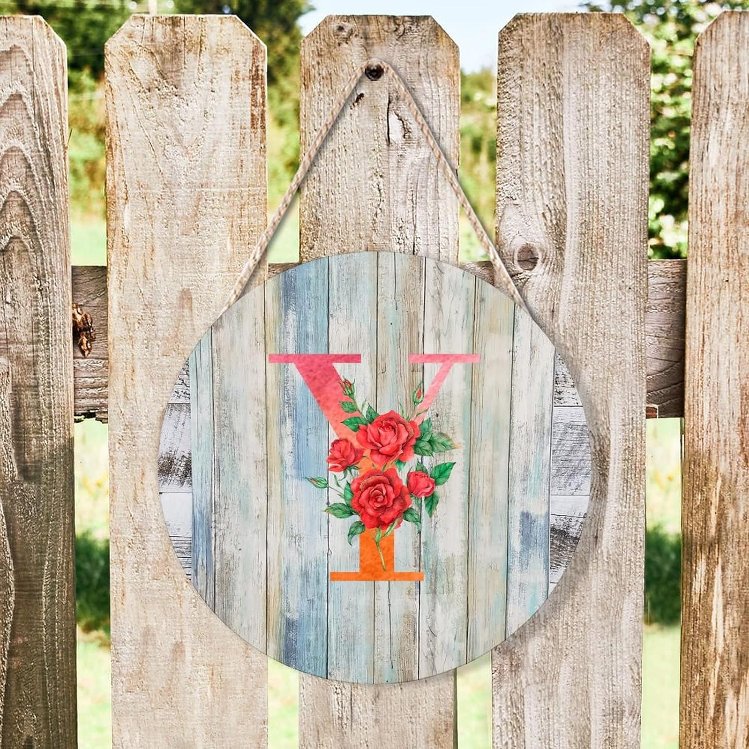 Farmhouse Door Hanger Red Floral Alphabet Letter Y Wood Sign