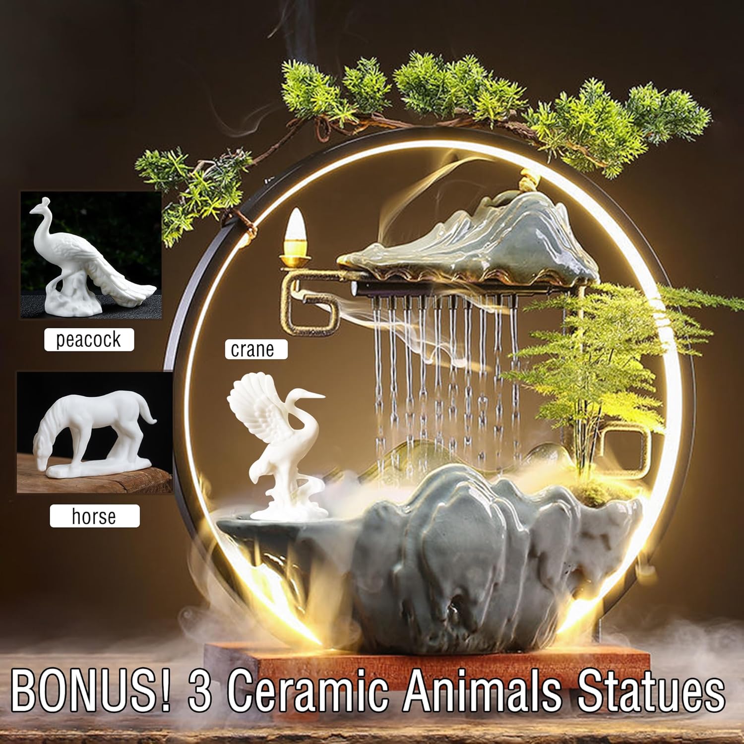 Peacock Horse Crane Animal Water Fountain with Lights and Mist