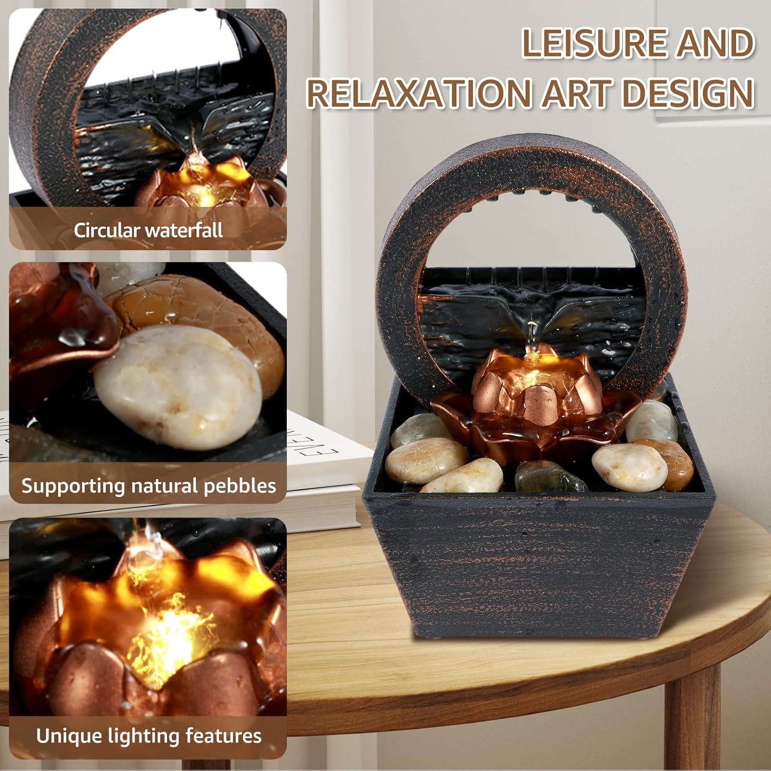 Tabletop Fountain with Light and Waterfall Sound for Relaxation and Meditation