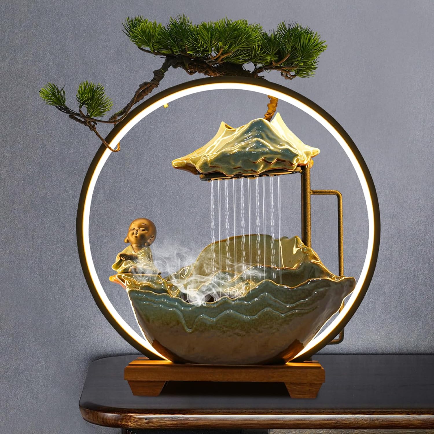 WUSILILU Tabletop Water Fountain with LED Mist Desk Decor
