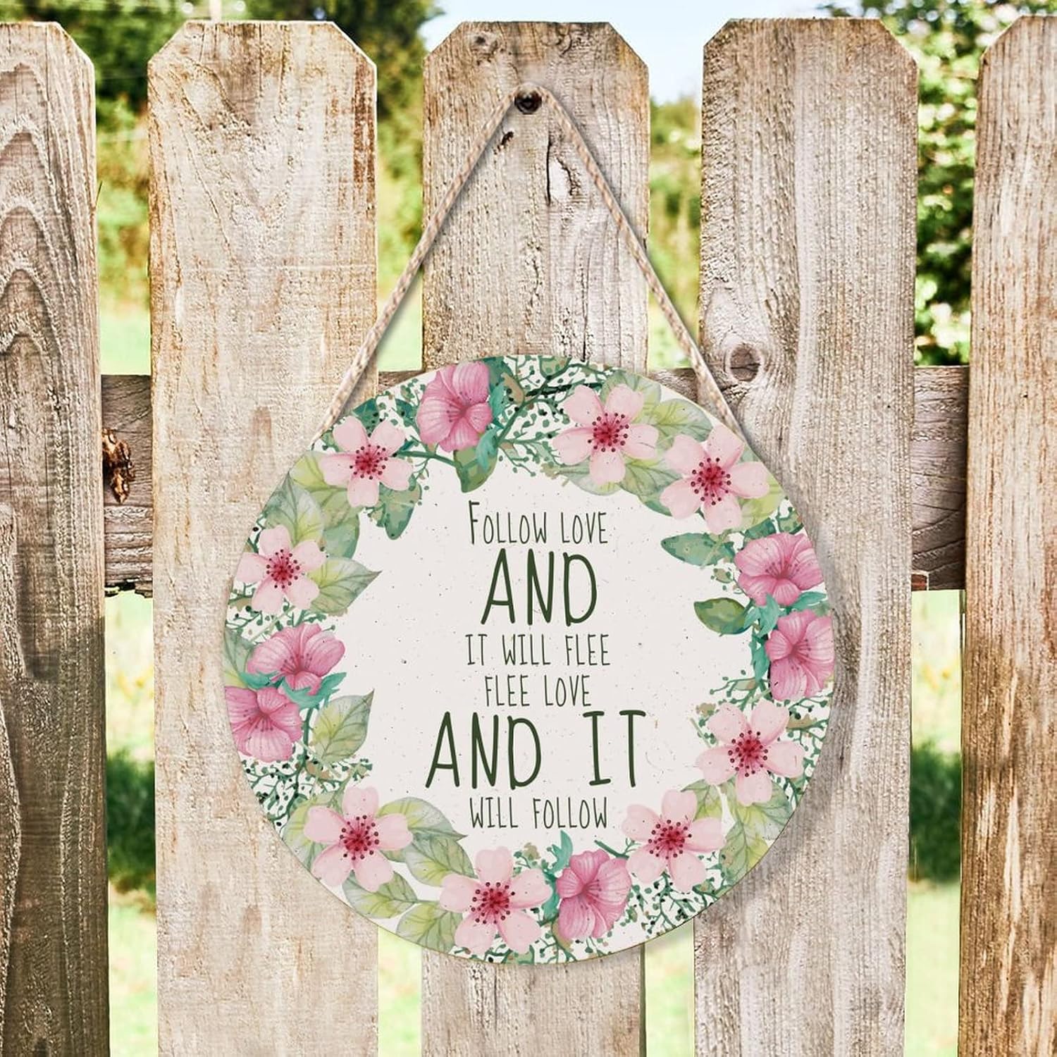 Farmhouse Door Hanger Vintage Floral Wreath Wood Sign 10x10in