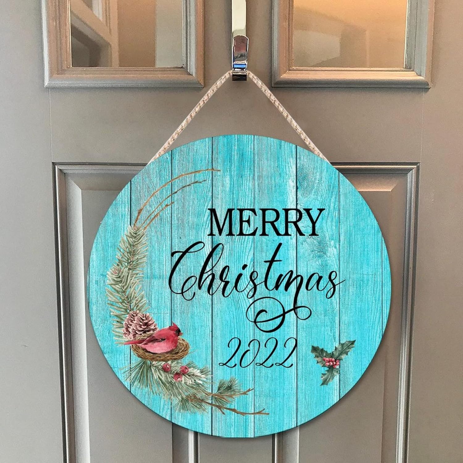 Farmhouse Front Door Hanger Red Bird Wreath Christmas Wood Sign 10x10in