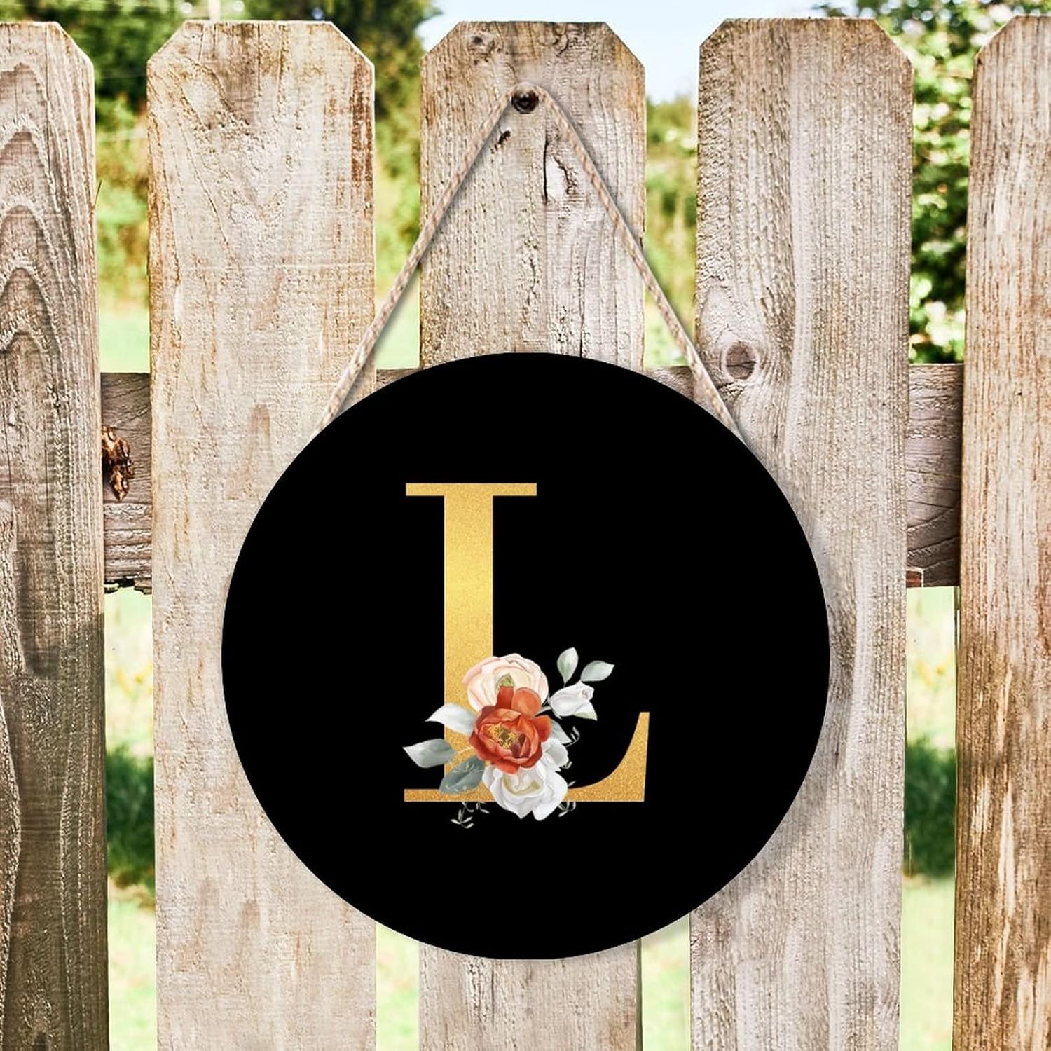 Farmhouse Front Door Hanger Rose Gold Initial Letter L Wood Sign 10x10in