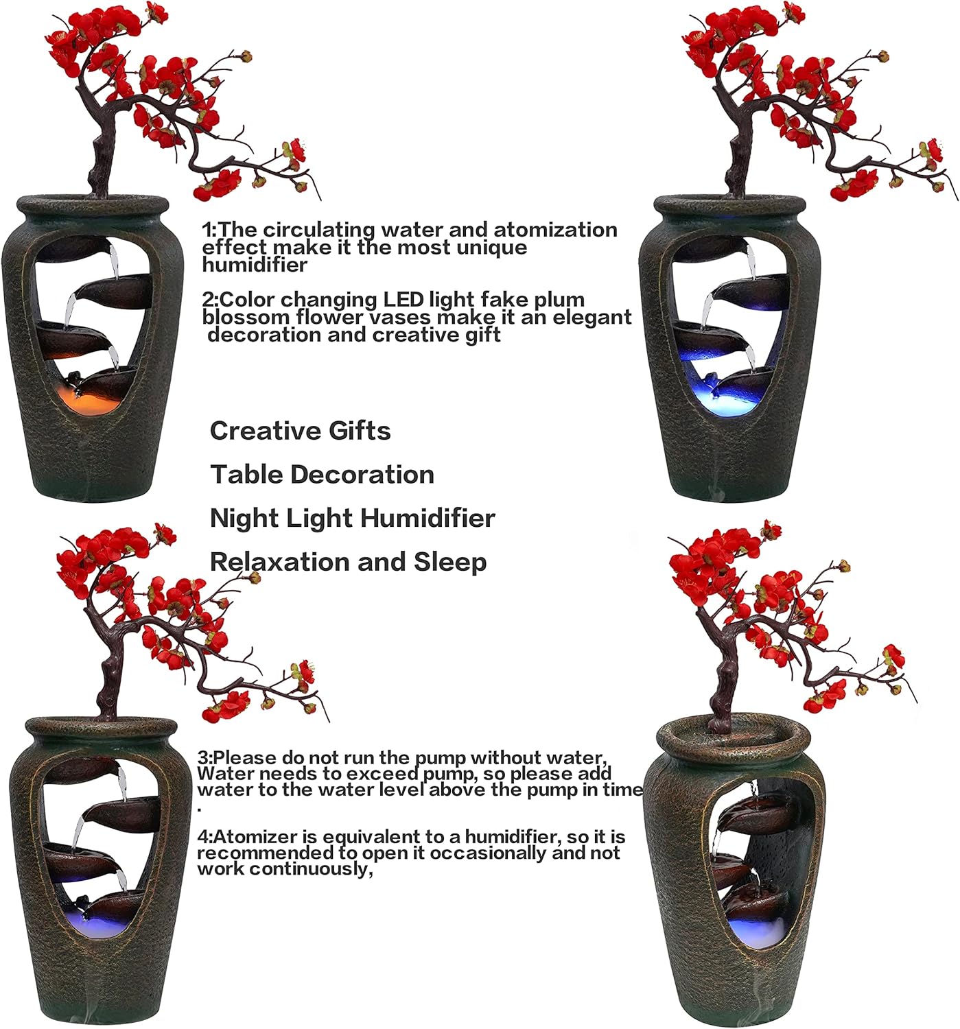 20 Inch Tabletop Decorative Flower Vase Water Fountain Humidifier with LED Lights