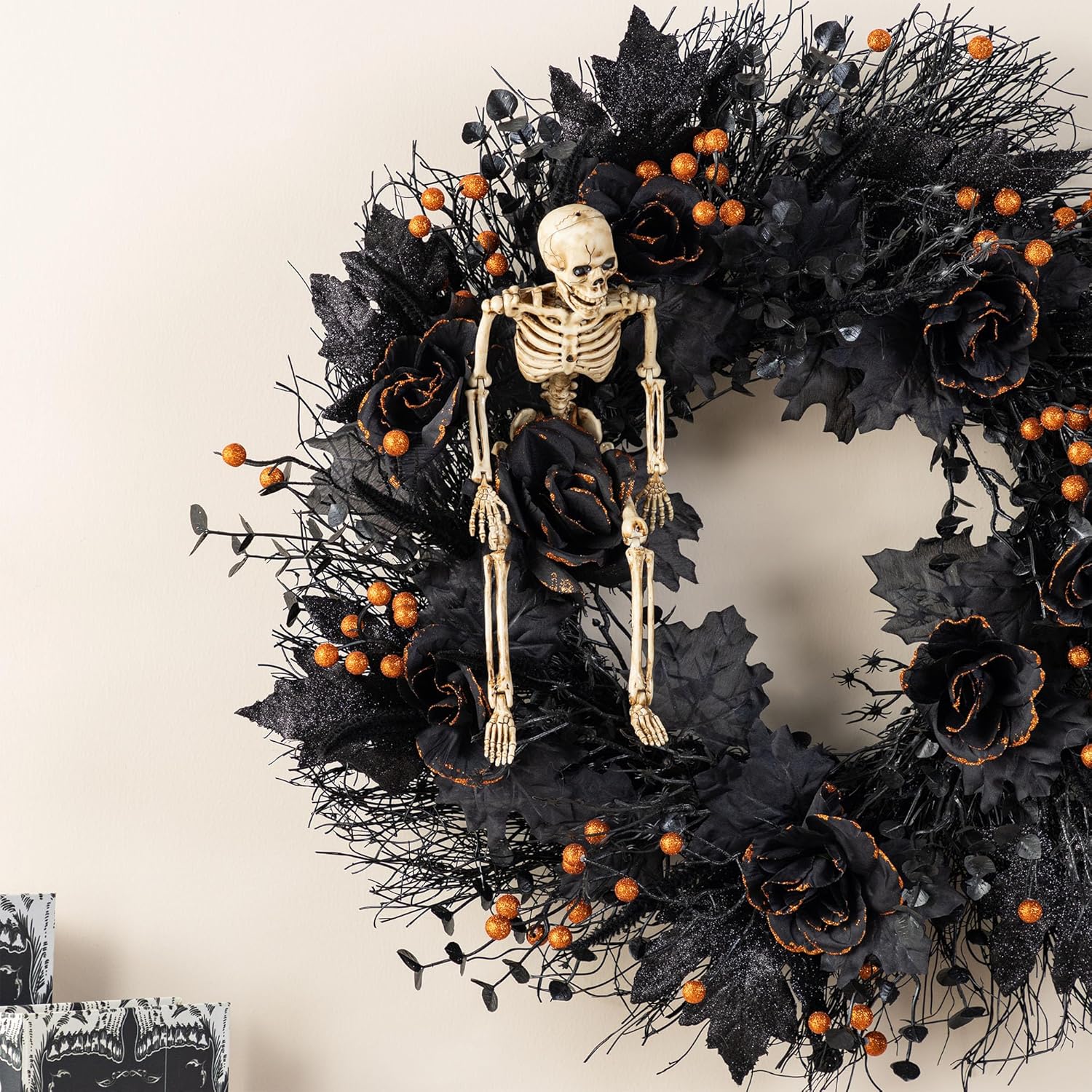 Glitzhome 24 Inch Halloween Wreath Black Rose Skeleton