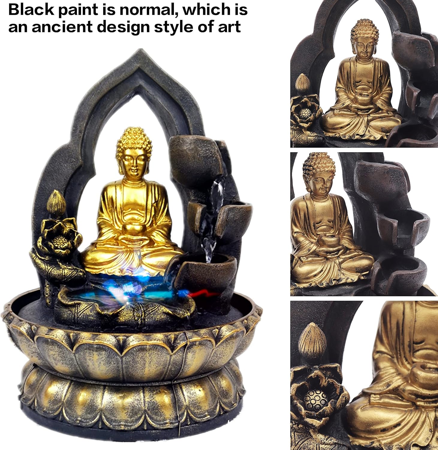 11 Inch Gold Buddha Tabletop Fountain with LED Light
