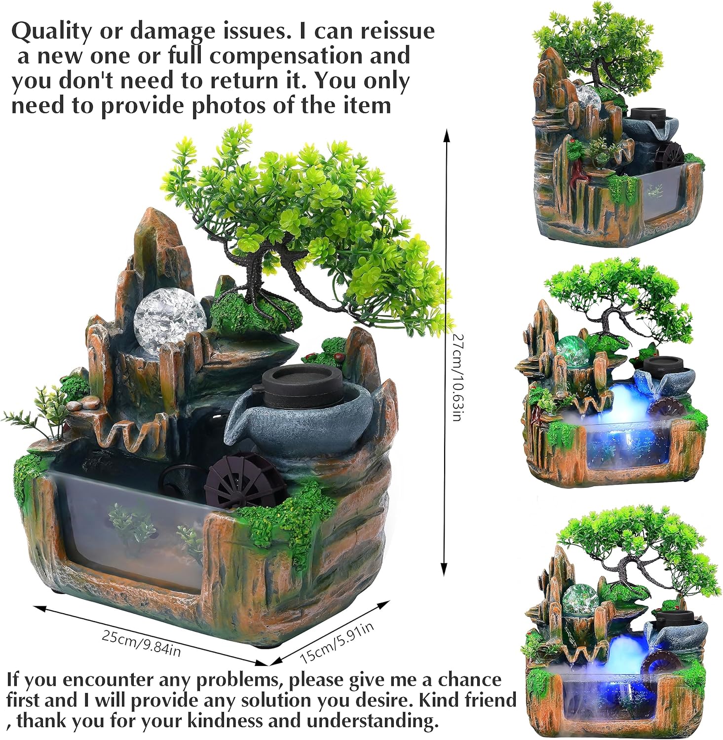 10 Inch Bonsai Tree Water Fountain with LED Light and Atomizer