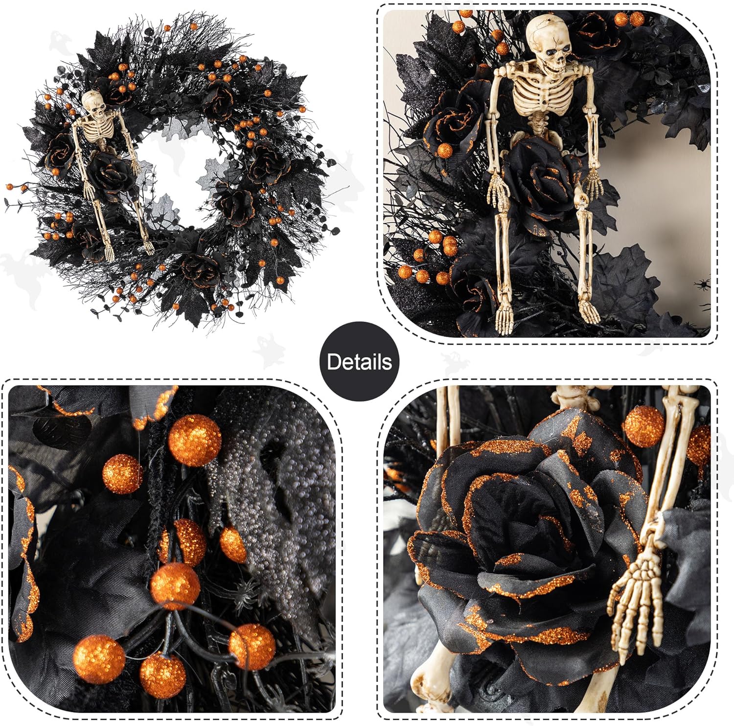 Glitzhome 24 Inch Halloween Wreath Black Rose Skeleton